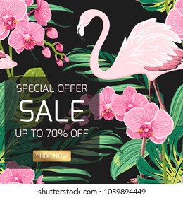 Spring summer sale discount campaign promo special offer banner template. Shop now button. Exotic pink flamingo bird, orchid phalaenopsis flowers, tropical jungle green leaves on black background.