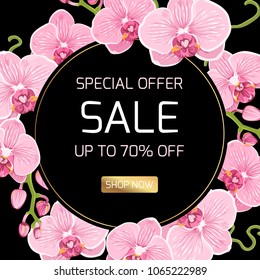 Spring summer sale discount campaign promo special offer banner template. Shop now button. Exotic pink pink purple orchid phalaenopsis flowers round circle ring wreath border frame black background.