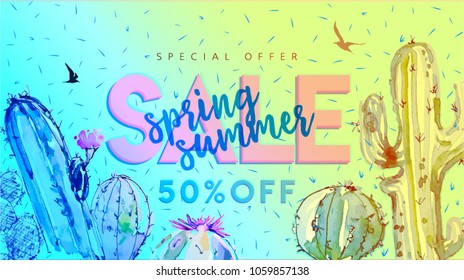 Spring Summer Sale poster, banner in trendy style. Cactus Vector illustration, lettering and colorful design for postcard, invitation. Easy editable for Your design.