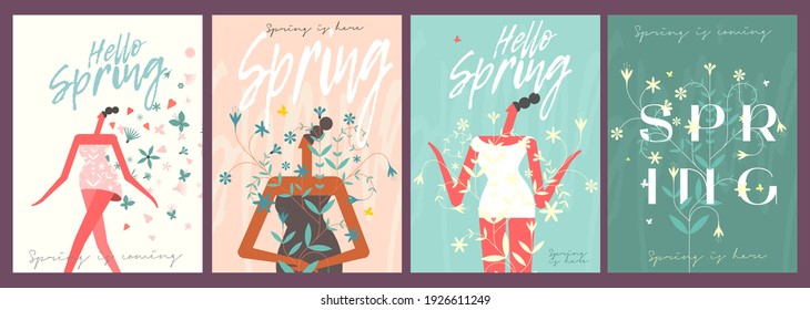 Spring, Summer, Sale. A set of vector illustrations. Flowers and a happy, loving girl. Spring, summer vector flat illustration. Minimalistic, trendy style. Poster, banner, postcard.