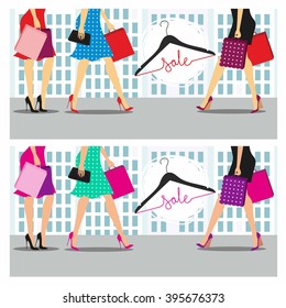 Spring and summer sales. The colorful vector illustration of women with shopping bags against the backdrop of the city.