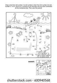 Spring or summer scene with rubber boots, water body, yacht and happy frog. Answer included.
