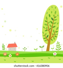 Spring and summer scenery with tree and house
