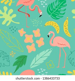 Primavera y verano sin fisuras con flamingo, plantas tropicales, hojas, flores para el patrón, banner, tarjeta de saludo, afiche, tapa. Ilustración vectorial