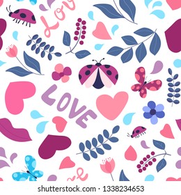 Spring or summer seamless background with lettering Love. Set of nature elements with flowers, hearts, plants, butterflies and ladybugs. Decoration for Valentine's Day, illustration.