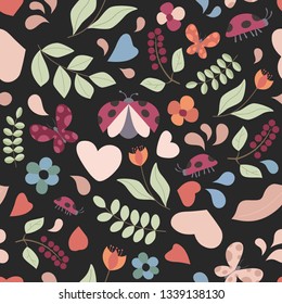 Spring or summer seamless background. Set of nature elements with flowers, hearts, plants, butterflies and ladybugs on black background. Decoration for Valentine's Day, illustration.