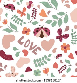 Spring or summer seamless background with text Love. Pattern with nature elements, flowers, hearts, plants, butterflies and ladybugs on white background. Decoration for Valentine's Day, illustration.