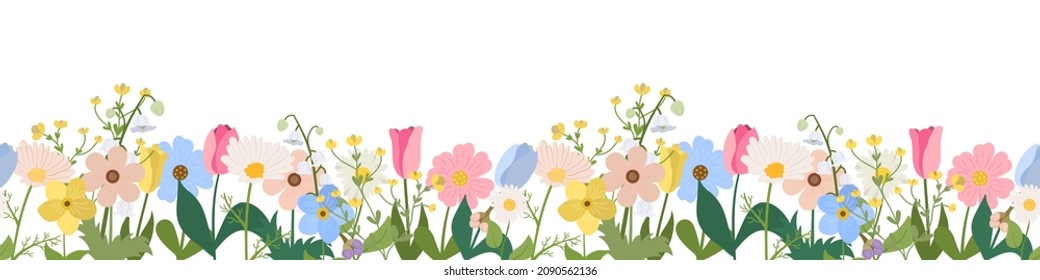 Spring or summer seamless horizontal border with blooming flowers on white background. Multicolored garden flowers in a row. Banner with floral pattern.