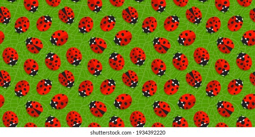 Spring Or Summer Seamless Pattern Background With Red Ladybugs On Green Leaf Vector Illustration Art