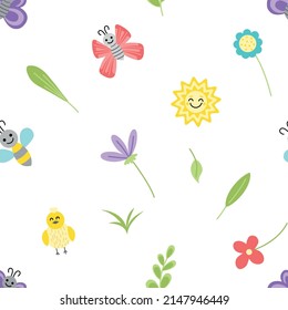 Spring summer seamless pattern. Bird, sun, flower, butterfly. Flat, cartoon, vector