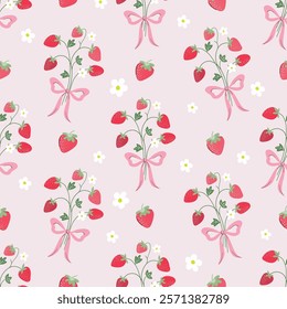 Spring and summer seamless pattern with coquette strawberries bouquets and bows, pink decorative wallpaper, trendy background