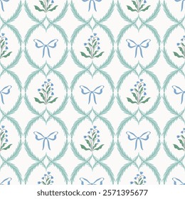 Spring summer seamless pattern with coquette flowers and bows, bluebells vintage wallpaper, charming background