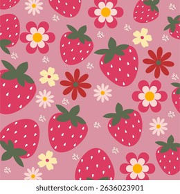 Spring and summer seamless pattern with coquette strawberries and small flowers, cute decorative wallpaper, trendy background
