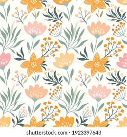 Spring, summer seamless pattern with different flowers and plants