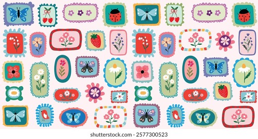 Spring and summer seamless pattern with different colorful frame, floral design, decorative wallpaper, wrapping paper, background