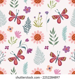 Spring summer seamless pattern, with flower, butterflies and leaves, seasonal wallpaper