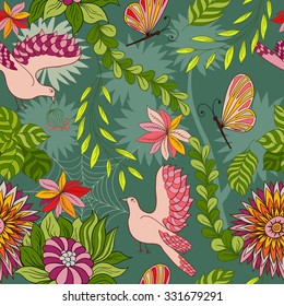 Spring and summer seamless pattern. Forest hand drawn background, birds with ornamental wings, beautiful colorful background for texture, fabric, wallpaper, mobile cover, print design