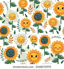Spring and summer seamless pattern with happy sunglowers and daisies. Floral repetitive background with yellow flowers with a smile and leaves.