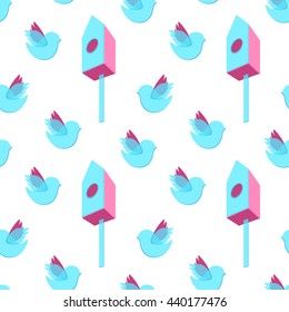 Spring or Summer Seamless Pattern. Repetitive Textures with Transparent Isolated Nesting Houses and Flying Birds on White Background. Color Modern Ornament. Ready Swatch Included in File