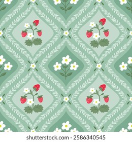 Spring and summer seamless pattern  with strawberries and flowers, vintage royal wallpaper, charming background