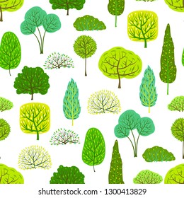 Spring or summer seamless pattern with stylized trees. Natural illustration.