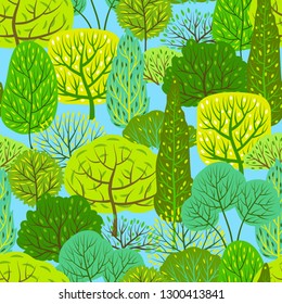 Spring or summer seamless pattern with stylized trees. Natural illustration.