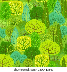Spring or summer seamless pattern with stylized trees. Natural illustration.