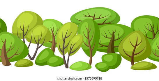 Spring or summer seamless pattern with stylized trees. Natural illustration.