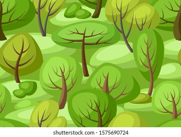Spring or summer seamless pattern with stylized trees. Natural illustration.