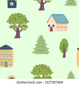 Spring or summer seamless pattern with stylized trees houses. vector spring floral pattern with flowers, nature