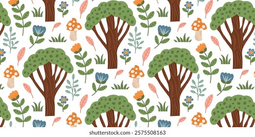 Spring summer seamless pattern with woods forest plants. Spruce, trees, mushrooms, leaves, branches, flowers, grass. Vector background with woodland botanical elements.
