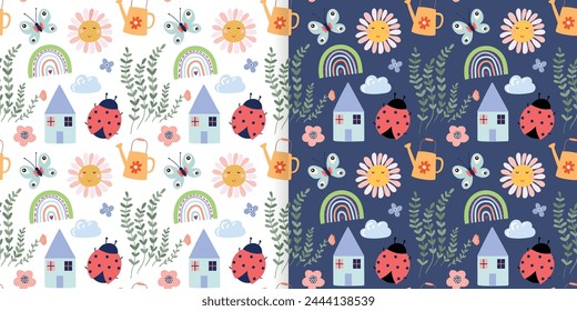 Spring summer seamless patterns set with ladybird and seasonal elements, decorative wallpaper