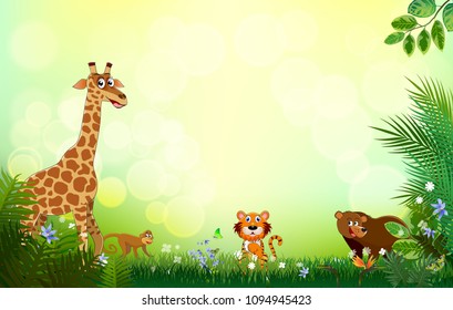 Spring or Summer Season Abstract Nature Banner Background.  with jungle plants.cartoon; jungle; animals;   Exotic pattern with tropical leaves. Vector Illustrations & Clipart.