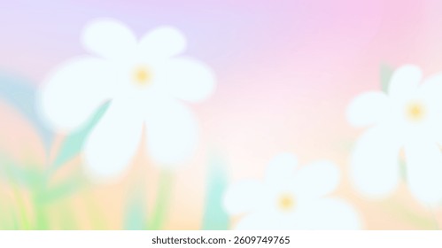 Spring or summer season background. Abstract gradation pink and yellow color backdrop, spring or summer white flowers. Soft gradient mesh illustration
