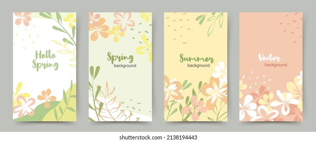 Spring summer season banner templates. Backgrounds with flowers and leaves for social media stories in green and pink colors. Vector illustration for cards, invitations, advertisements, web banners 