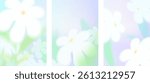 Spring or summer season blur background. Abstract gradation green blue color cover, spring white flowers, leaves, sky. Chamomile bg. Soft gradient mesh illustration