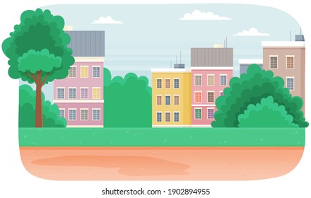 Spring or summer season cartoon city landscape with green high trees, road, cloudy sky. Lovely urban nature vector illustration. Green empty city park with a pedestrian sidewalk, blue sky background