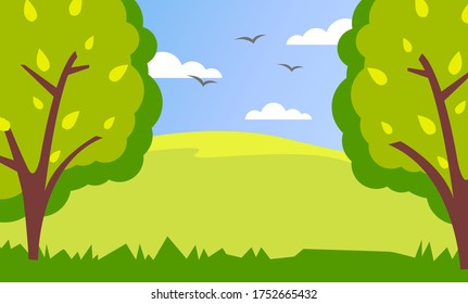 Spring or summer season cartoon country landscape with green fields, high trees, birds in cloudy sky. Lovely rural nature vector illustration. Green meadow and forest trees blue sky background