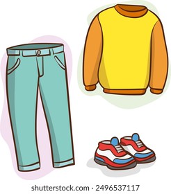 spring, summer season clothes set. Casual wear, jeans, t-shirt, shoes, sweater, seasonal clothing outfit.Garment, clothing fashion flat vector illustration