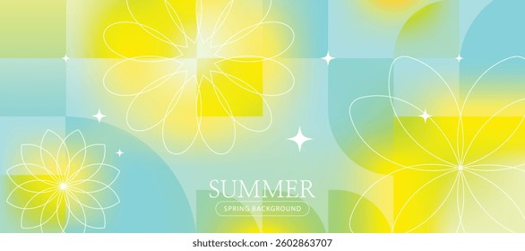 Spring and Summer season gradient botanical art background vector. Natural design with cute flowers, leaves, branches. Illustration design for fabric, print, cover, banner, wallpaper.