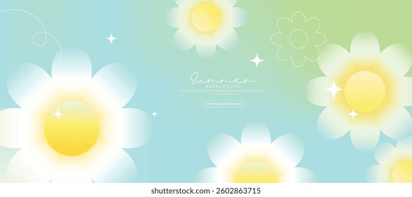 Spring and Summer season gradient botanical art background vector. Natural design with cute flowers, leaves, branches. Illustration design for fabric, print, cover, banner, wallpaper.