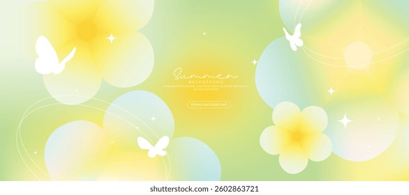 Spring and Summer season gradient botanical art background vector. Natural design with cute flowers, leaves, branches. Illustration design for fabric, print, cover, banner, wallpaper.