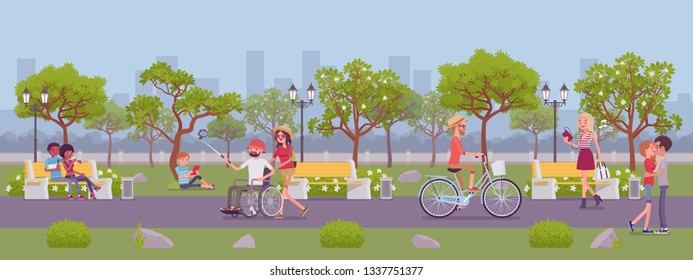 Spring or summer season park zone with people. Large public garden, land area with green grass and trees for fun and recreation, happy citizens enjoy open air activities and walk. Vector illustration