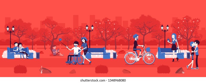 Spring or summer season park zone with people. Large public garden, land area with grass and trees, fun, recreation, citizens enjoy open air activities, walk. Vector illustration, faceless characters