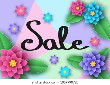 Spring or summer  season  sale banner with beautiful flowers, leaves and  lettering. Trendy floral colorful background. Vector paper cut  graphic design elements for promotion offer,  greeting card.