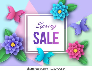 Spring or summer  season  sale banner with beautiful flowers, leaves and butterflies. Trendy floral colorful background. Vector paper cut  graphic design elements for promotion offer,  greeting card.