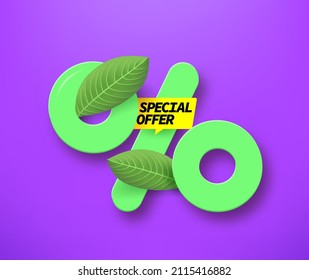 Spring and summer season sale banner with leaves and percentage sign. Special offer concept. 3d vector illustration