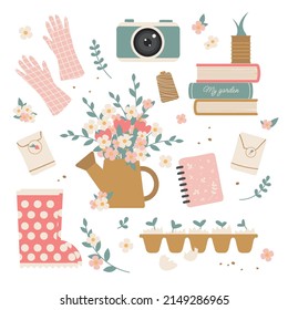 Spring or summer with seasonal elements collection. Gardening gloves, camera, books, plants in a tin, a bouquet of flowers in a watering can, a bag of seeds, a notebook, rubber boots, eggshell seedlin