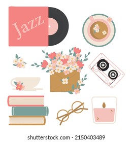 Spring or summer with seasonal elements collection. vinyl record, a cup of tea, coffee, an envelope with flowers, an audio cassette, books, glasses, a candle.