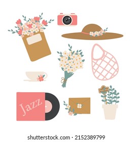 Spring or summer with seasonal elements collection. vinyl record, diary, notepad, straw hat, camera, bouquet of flowers, cup of tea, coffee, envelope, reusable bag, potted plant.